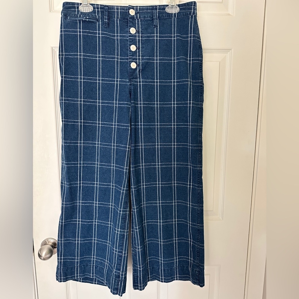 Denim Plaid Wide-Leg Pants
